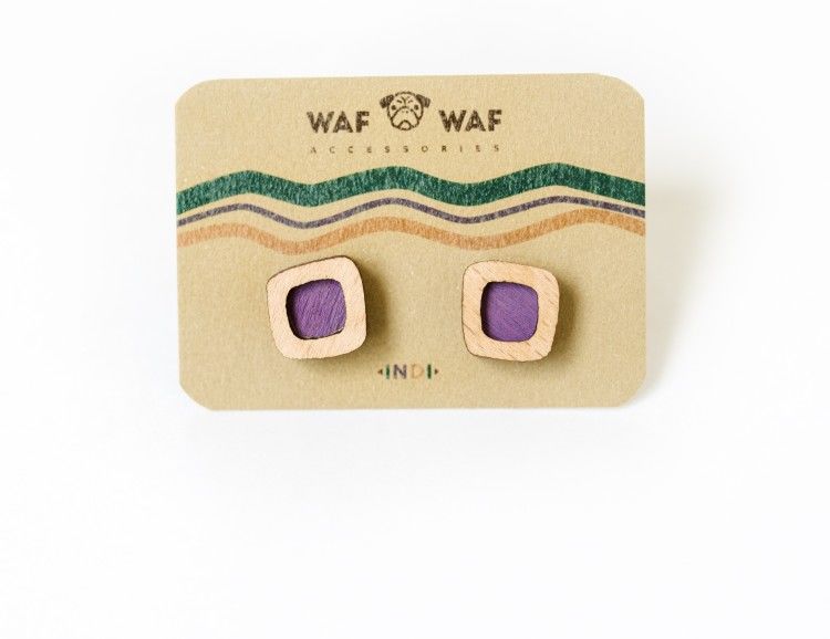 Сережки из дерева Waf-Waf Indi лиловые квадратики